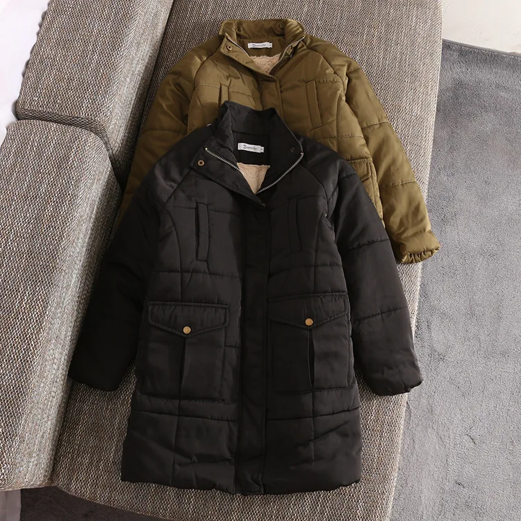 

Mid-length Thick Quilted Cotton-padded Jacket Autumn & Winter New Products Army Simple Pocket plus Velvet Warm Cotton Coat WOMEN