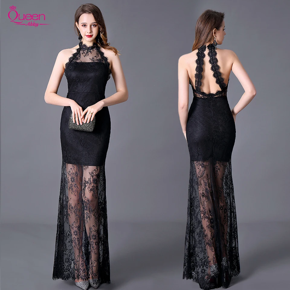 

Black Evening Dress 2020 New Halter Sexy Long Mermaid Lace Gown with Lace Appliques Evening Party Gowns