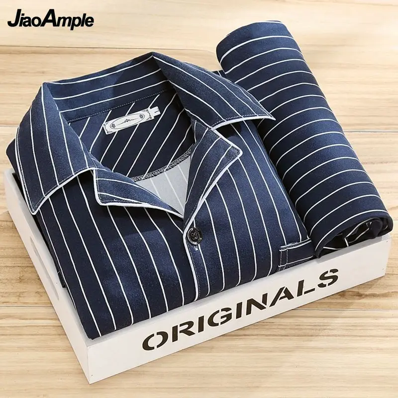 Men's Spring Autumn Striped Long-sleeved Trousers Pijamas Two-piece Loose Nightwear Homewear Set pajama sets