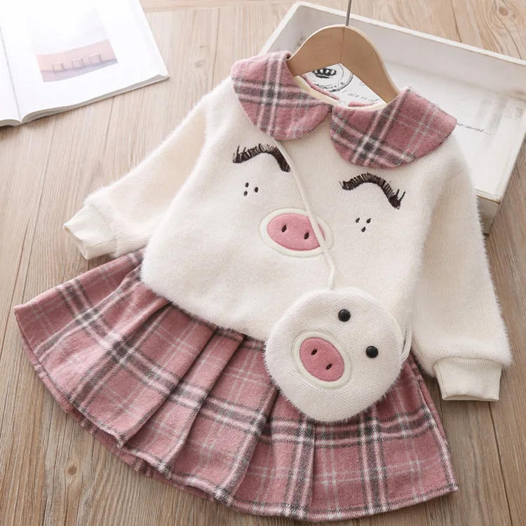 Зимняя плюшевая одежда для маленьких девочек; флисовое пальто в клетку со Свинкой+ юбка+ сумка; комплекты из 3 предметов; милая детская юбка