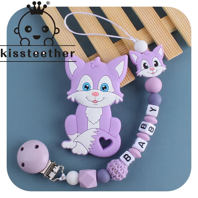 Kissteether Personalized Name Handmade Pacifier Clips Holder Chain Silicone Pacifier Chains Set Civet Cat Baby Teether Chain Purple