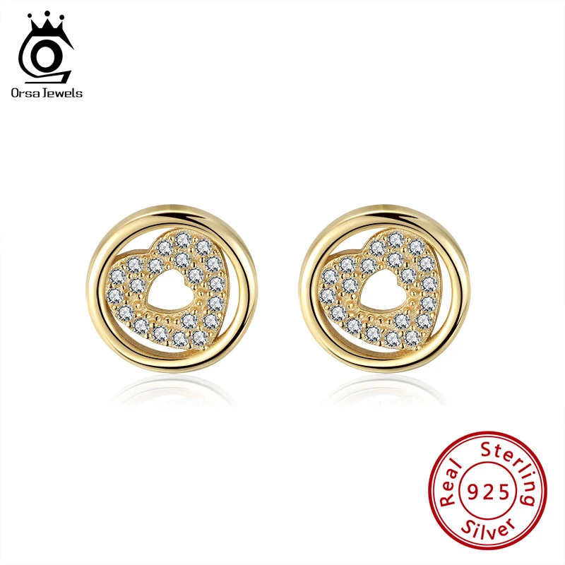 

ORSA JEWELS 10mm Small Shiny Stud Earring 925 Silver 14K Gold Lady Girls Earring Heart Shape Jewelry Gift Wholesale OSE297