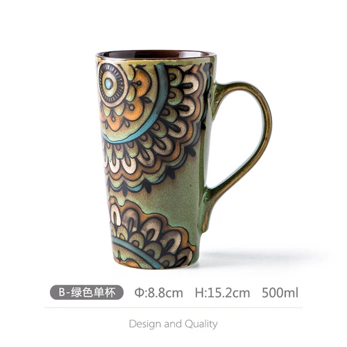 Керамическая кружка с ложкой, большая емкость, парные чашки, креативная кофейная чашка в винтажном стиле, бутылка для питьевой воды для дома - Цвет: B-Green single cup