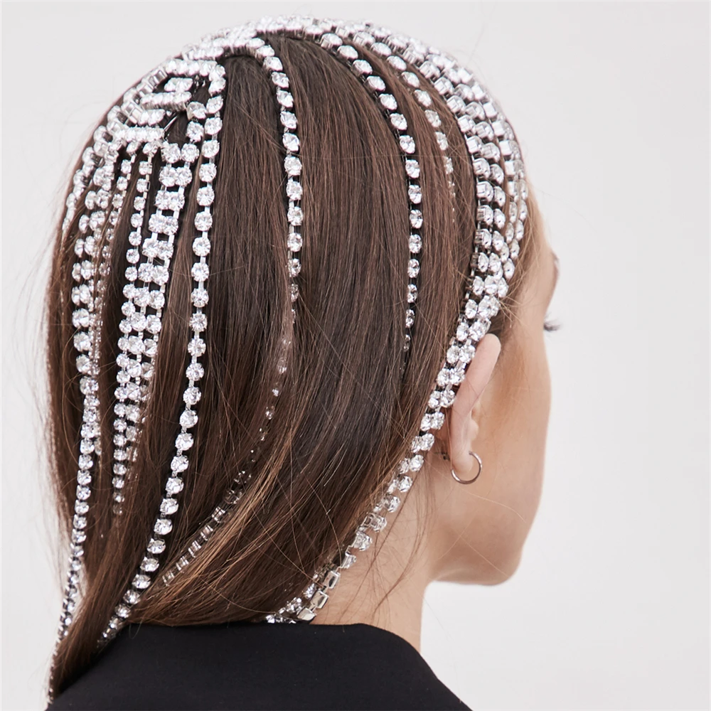 Trendy Rhinestone Hair Accessories Chain for Women Wedding Jewelry Elegant Full Crystal Tassel Hairbands Long Chain Headwear