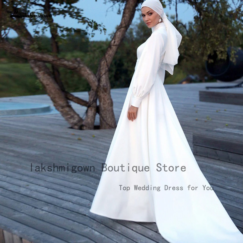 summer wedding guest dress Lakshmigown Elegant Muslim Satin Wedding Dress Long Sleeve 2022 High Neck Suknia Slubna Boho Kaftan Women Wedding Gowns cheap wedding dresses