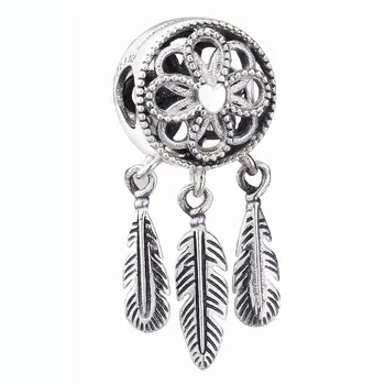 

New 925 Sterling Silver Bead Charm Openwork Flower Feather Spiritual Dream Catcher Pendant Bead Fit Bracelet Diy Jewelry