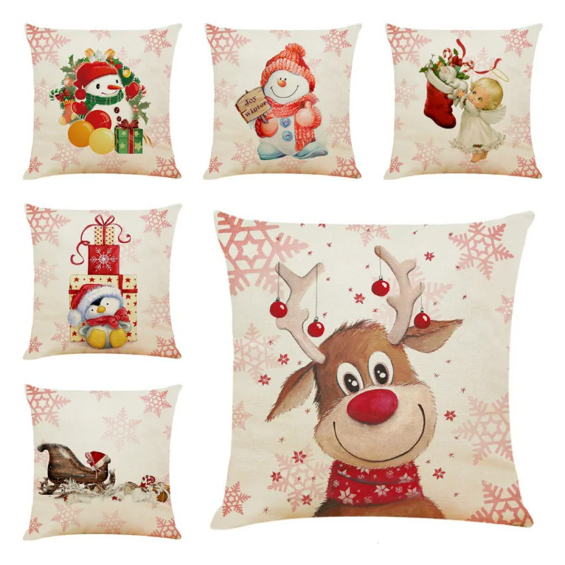 Cute Cartoon Linen Christmas Santa Claus Elk Throw Pillow Case Cover 45x45cm Merry Christmas Decorative Pillowcases