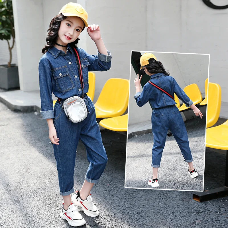 

Girls Spring And Autumn Denim Suit 2018 Children Casual Cowboy Clothing Tops Lengthen Pants Two-Piece Set