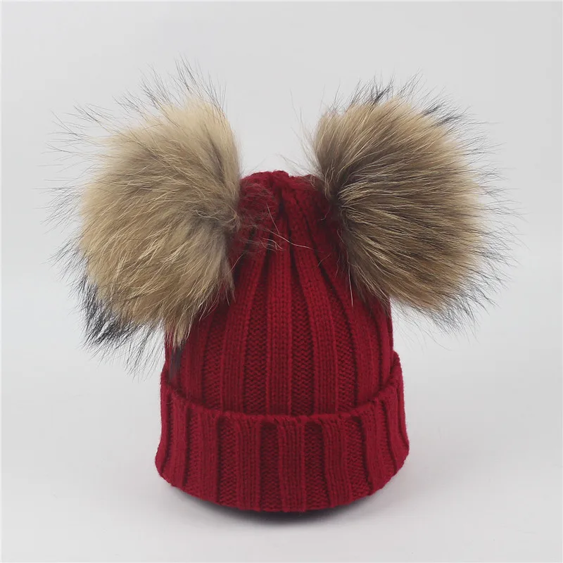 Бургундия Hair ball knit hat children's double braid hair ball curling wool hat autumn winter boy girl baby warm hats Skullies& Beanies - Цвет: Бургундия
