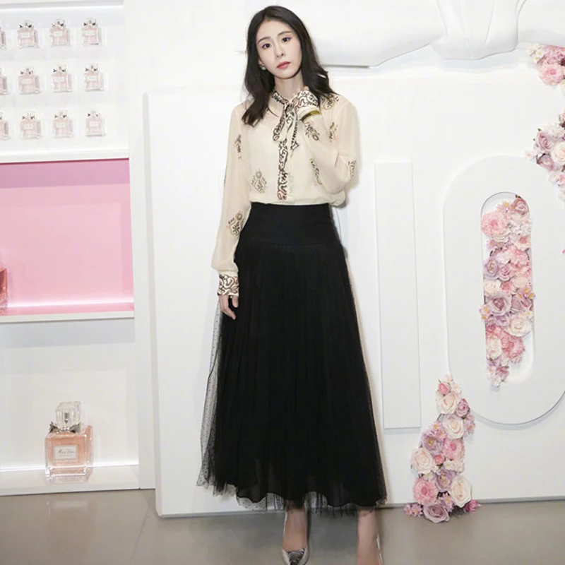 

Elegant Woman Two Piece Sweet Sets Floral Print Long Sleeve Bow Chiffon Blouse Lace Mesh Black Dot Maxi Skirts 2 Piece Suits