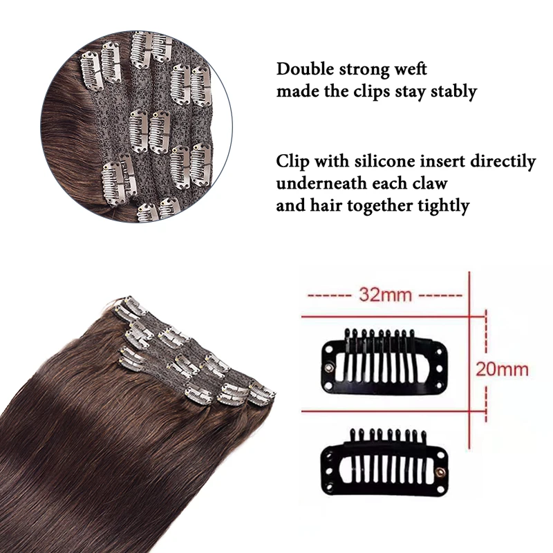 Toysww 100% Real Human Hair Extension Full Head 6Pcs/Set Clip in Hair Extensions Dark Brown Color 2,100g 120g