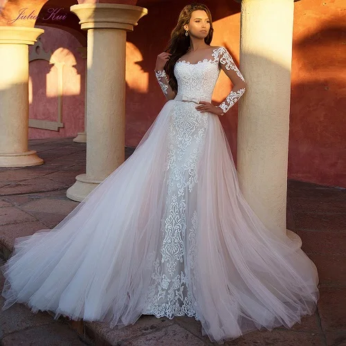 Julia Kui великолепное 2 в 1 Русалка свадебное платье с пышной юбкой полный рукав невесты платье - Цвет: Picture Ivory