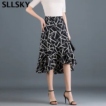 

Sllsky Geometric print Women Irregular fishtail skirt High waist Lotus leaf Knee-length skirt 2020 Summer Office ladies skirt