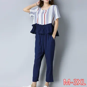 

Summer new fashion casual blouses cotton and linen striped stitching loose top with 9 points pants suit 2020