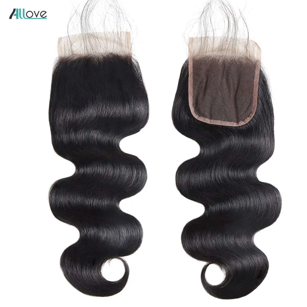 Allove-pelo humano brasileño ondulado con cierre de encaje, pelo de bebé, Color Natural, no Remy, 4x4