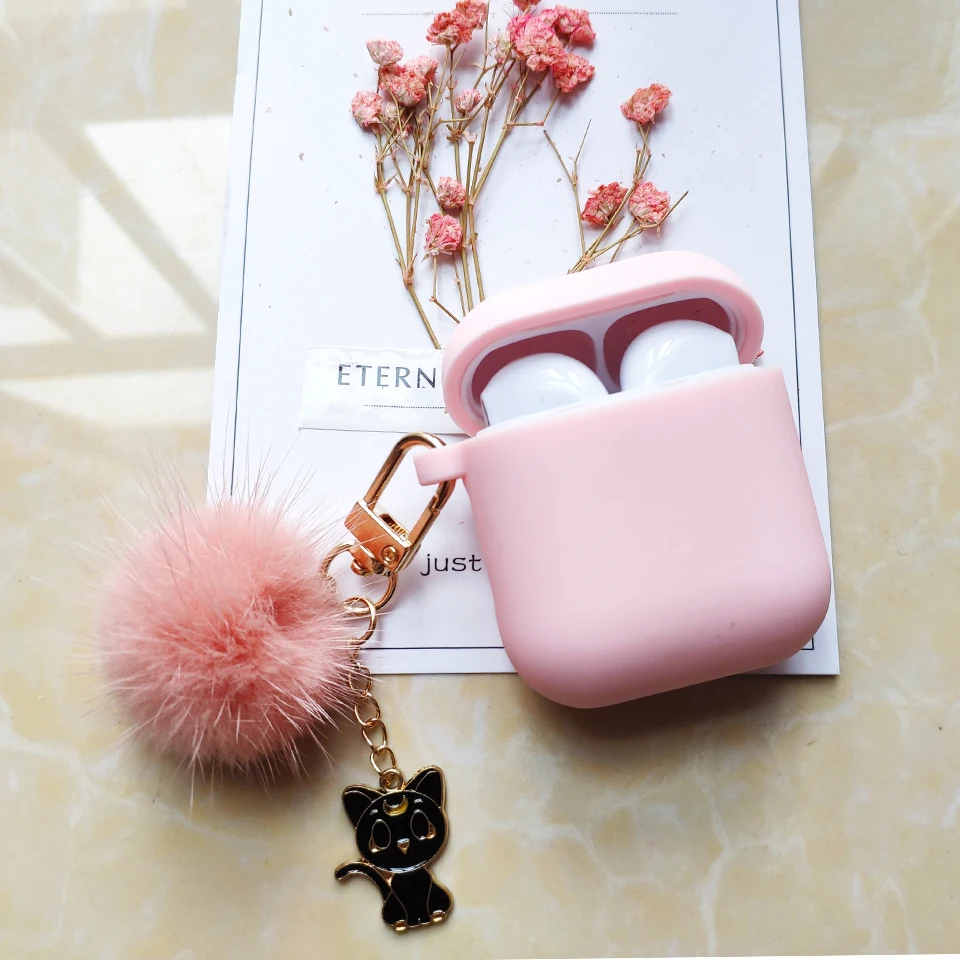 

Cute Luxury Korean Silicone Case for Apple Airpods 1 2 Case Accessories Protective Cover Real Mink Hair Ball Cat Key Ring Decor