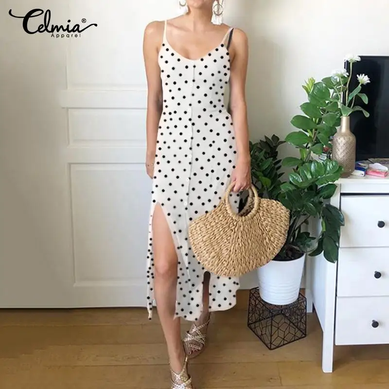 

Celmia Summer Sleeveless Straps Sundress Women Sexy Polka Dot Print Shirt Dress Casual V-Neck Split Dress Beach Midi Vestido 5XL