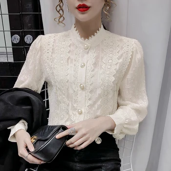 

COIGARSAM Chiffon Shirt Womens tops New Spring Lace Lantern Sleeve Stand Neck Women shirts White Apricot 6150