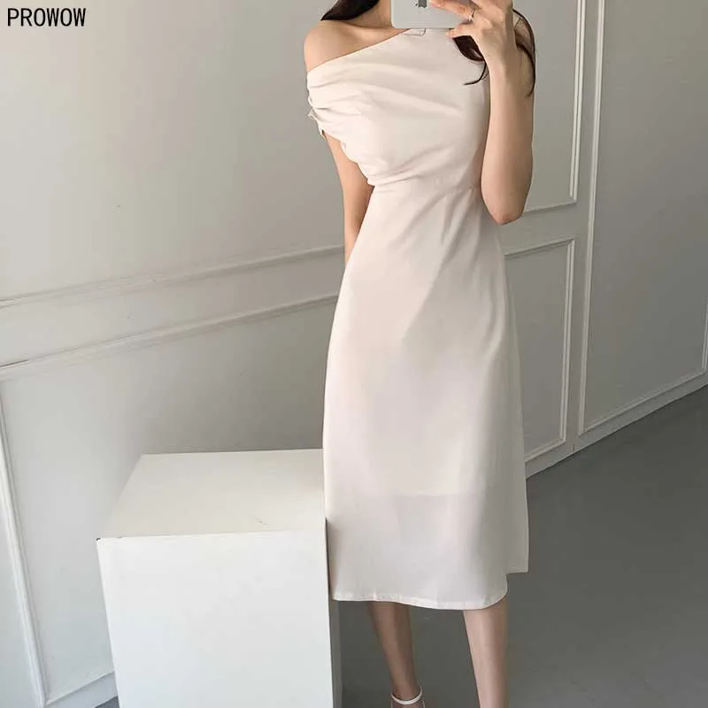Elegant Summer Women Dress 2020 Plus Size Cotton Office Slim Waist Long Dress Ladies Off Shoulder Korean Chic Vacation Dresses