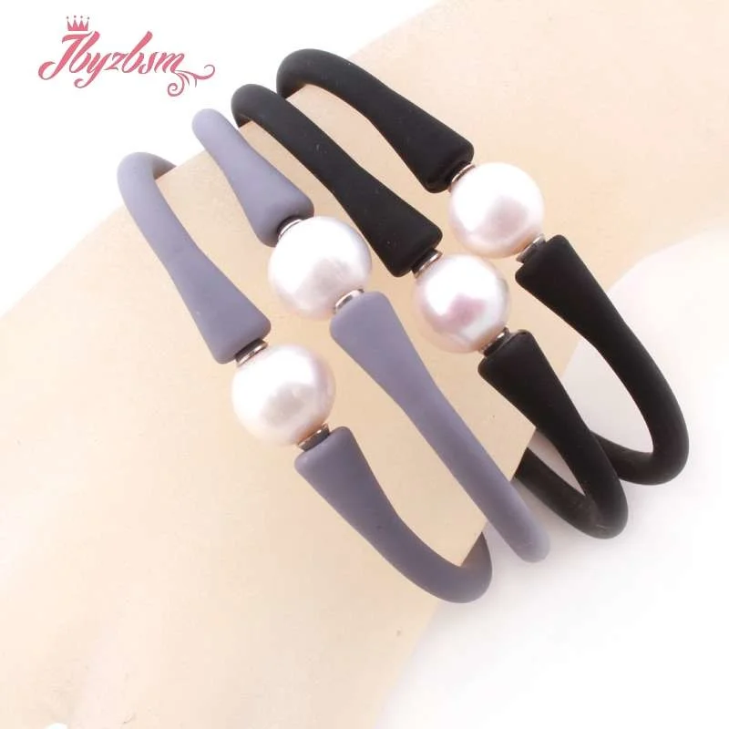 

10mm Round Freshwater Pearl Silicone Bracelet Stone Beads Casual Waterproof For Christmas Best Gift Bangle Bracelet 1 Pcs