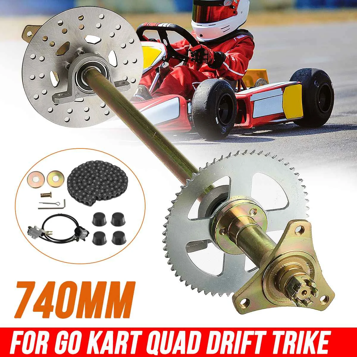 Go kart Cart Trike Rear Live Axle Kit Shaft Wheel Hub Brake Rotor Sprocket US 