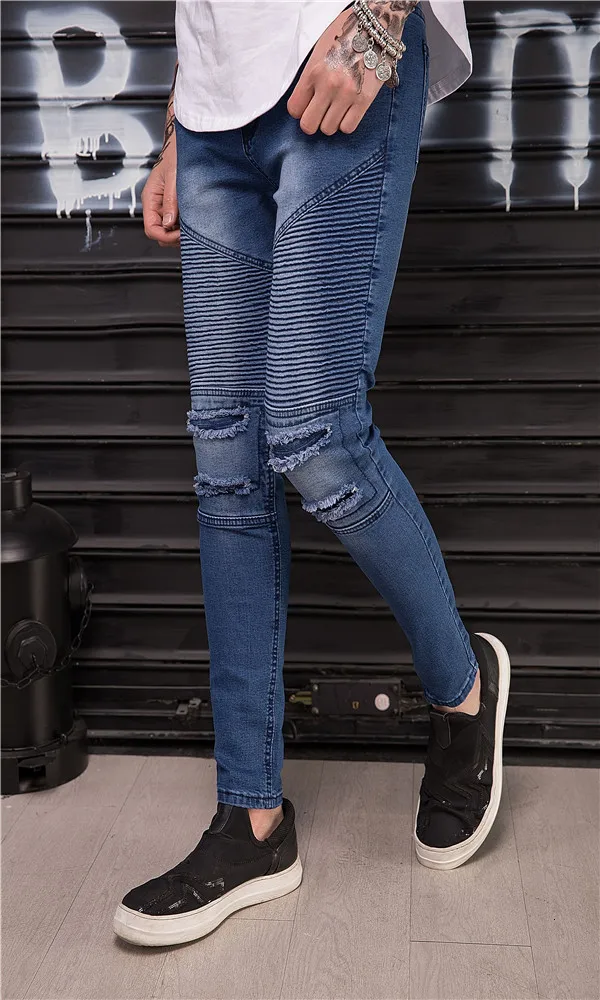 Moomphya 2018 для мужчин проблемных рваные байкерские Джинсы лоскутное джинсы для женщин уличная Плиссированные slim fit Тощий хип хоп Джинс