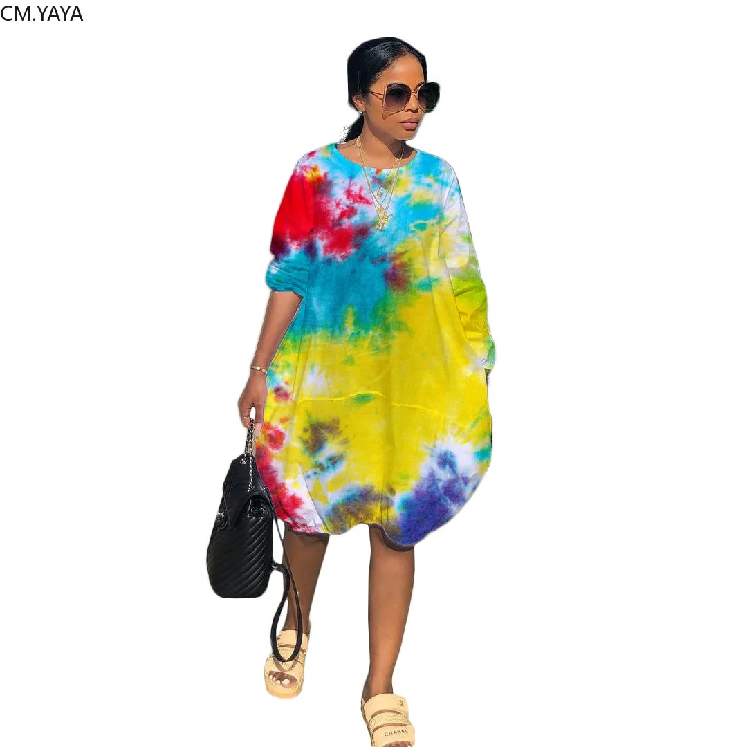 2019 осень-зима женский галстук-краситель печать полный рукав o-образным вырезом