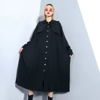 

2020 Women's Spring Summer New Style Turn Down Collar Pleated Dress Patchwork Long Sleeve Single Breasted Shirt Dress Plus Size