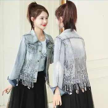 

Jean Jacket Women Denim Jackets 2020 New Women's Denim Jacket Female Coat Outerwear Fashion Sequins Jacket Ladies
