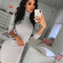 

Bodycon Pullover Long Sleeve Knitted Mini Dress Ladies Casual Turtleneck Dress for Women Autumn Winter New Fashion