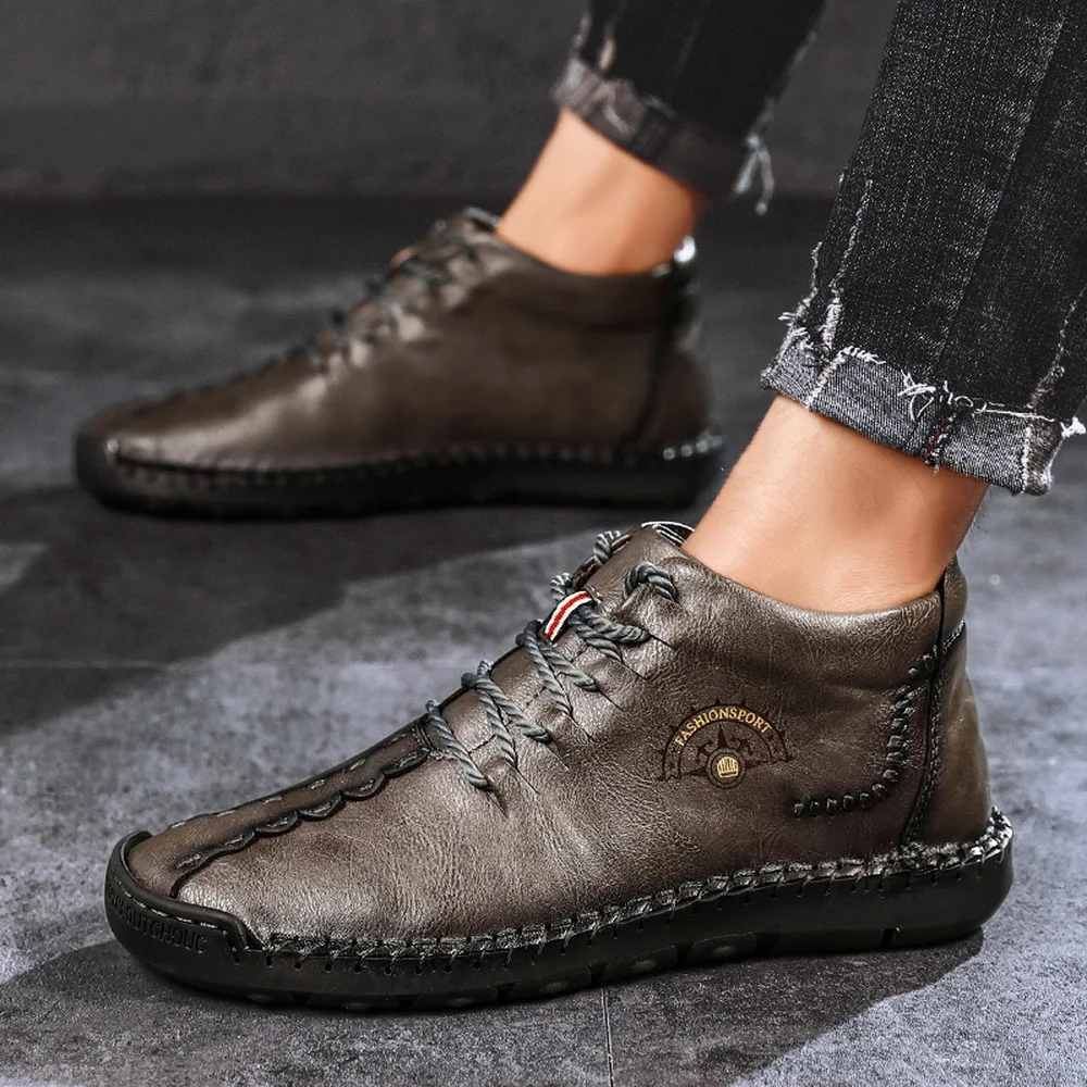 

New Men Boots High Quality Split Leather Ankle Boots Warm Fur Snow Boots Plush Lace-up Winter Shoes Plus Size 39-48 Men Shoes