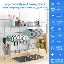  Double Slots Stainless Steel Dish Rack Over Sink Hooks Kitchen Shelf Organizer Cutting Board Frame Knife Holder Chopstick Barrel 