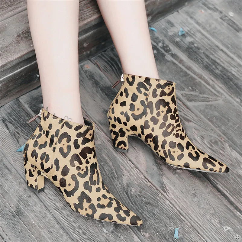 

2020 Fashion Genuine Horsehair Women Ankle Boots Pointed Toe Ladies Booties Autumn Winter Leopard Print Party Shoes Woman