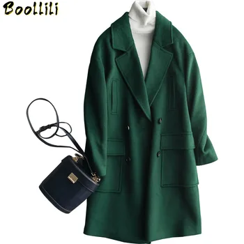 

Boollili AYUSNUE Long Wool Coat Female Korean Autumn Jacket Fashion Woolen Coat Casual Green Pink Abrigos Mujer Elegante