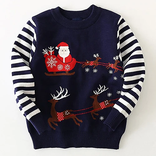 Christmas Baby Girl Handwork Sweater Autumn Winter Kids Stripe Clothes Boys Cartoon Santa Claus Embroidery Knitted Sweaters - Цвет: dark blue