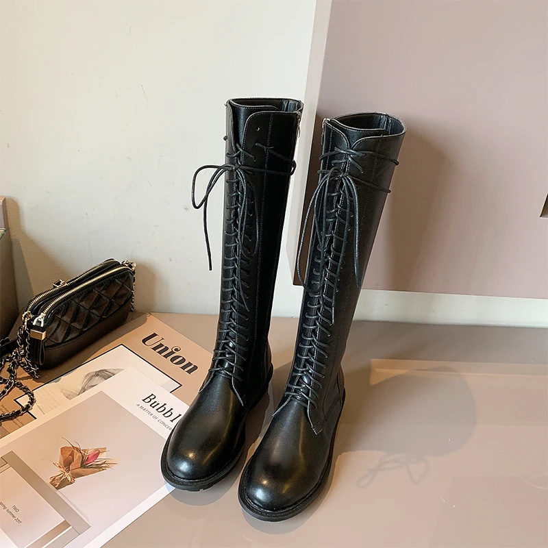 Autumn Explosions Sexy Lace Up Knee High Boots Women Chunky Shoes Woman Leather Long Boots Botas Winter Thigh High Boots