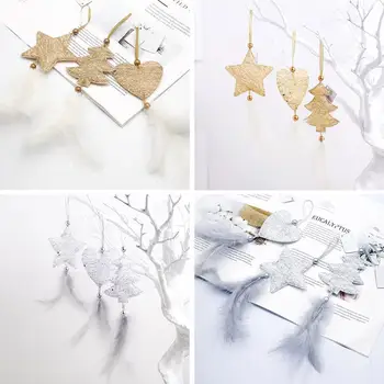 

Golden Silver Five-pointed Star Heart Christmas Tree Navidad Feather Home Party Pendant With Hanging Decoration Xmas Orname Q5U9
