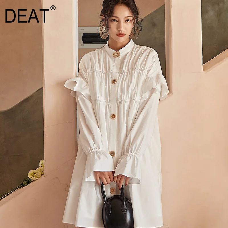 

[DEAT] 2019 New Spring Summer Stand Collar Long Sleeve Ruffles Brief Irregular Personality Pleated Dress Women Fashion 13D092