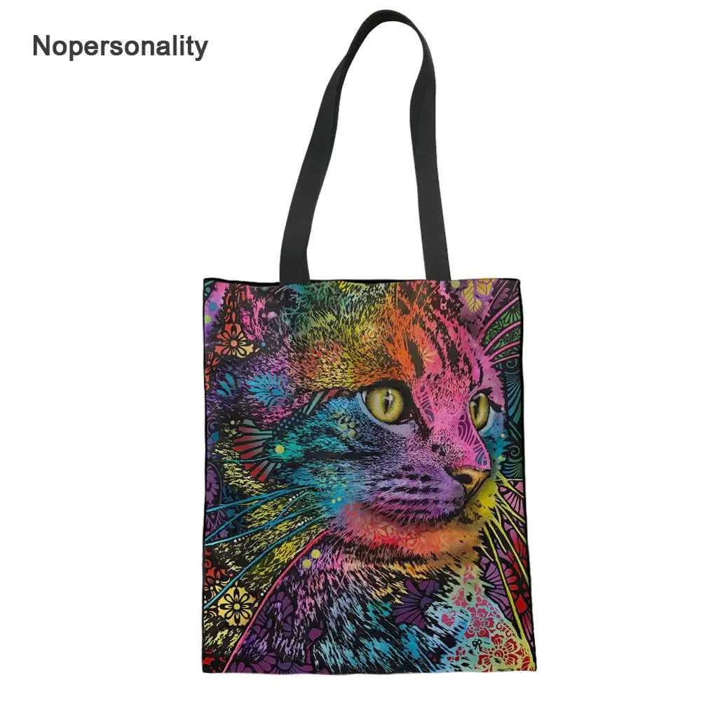 

Nopersonality Reusable Shopping Bag Colorful Women Canvas Tote Bags Printing Cat Dog Eco Bag Cartoon Shopper Shoulder Bags