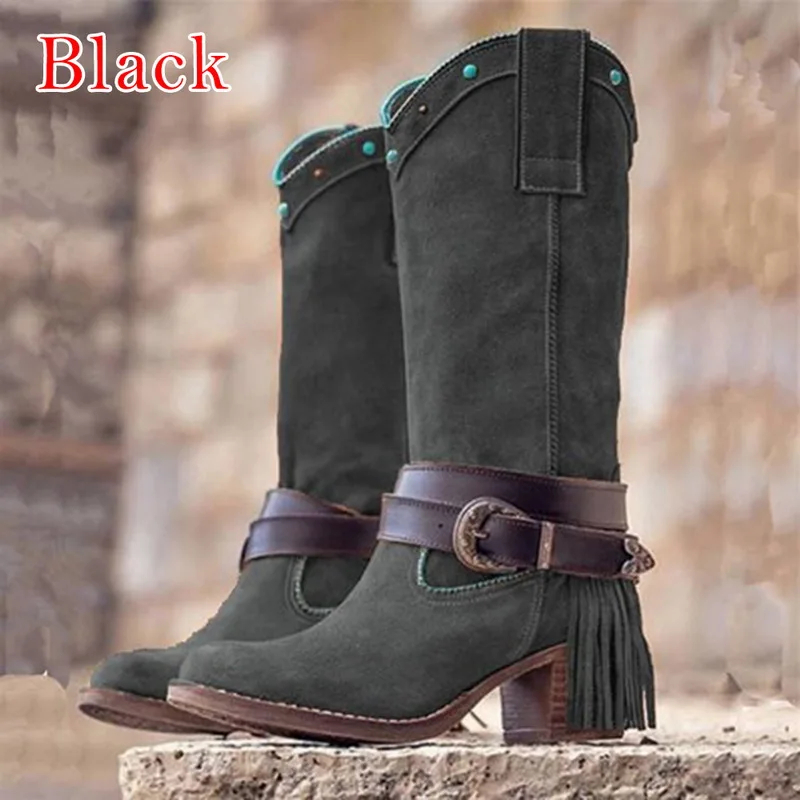 VogueNice/модные ботинки; сезон осень-зима; женская обувь с кисточками и пряжкой на ремешке; обувь на высоком каблуке в ковбойском стиле с круглым носком; сапоги до колена - Цвет: black