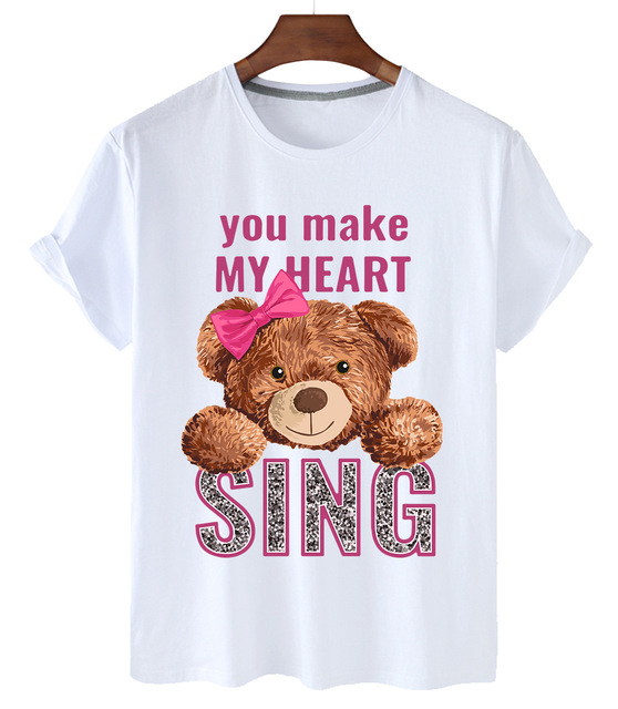 Quality Sing Bowknot Bear Print Cotton Short-sleeved O-neck Loose Casual Top T-shirt Female Oversized T-shirt Couple S-3XL