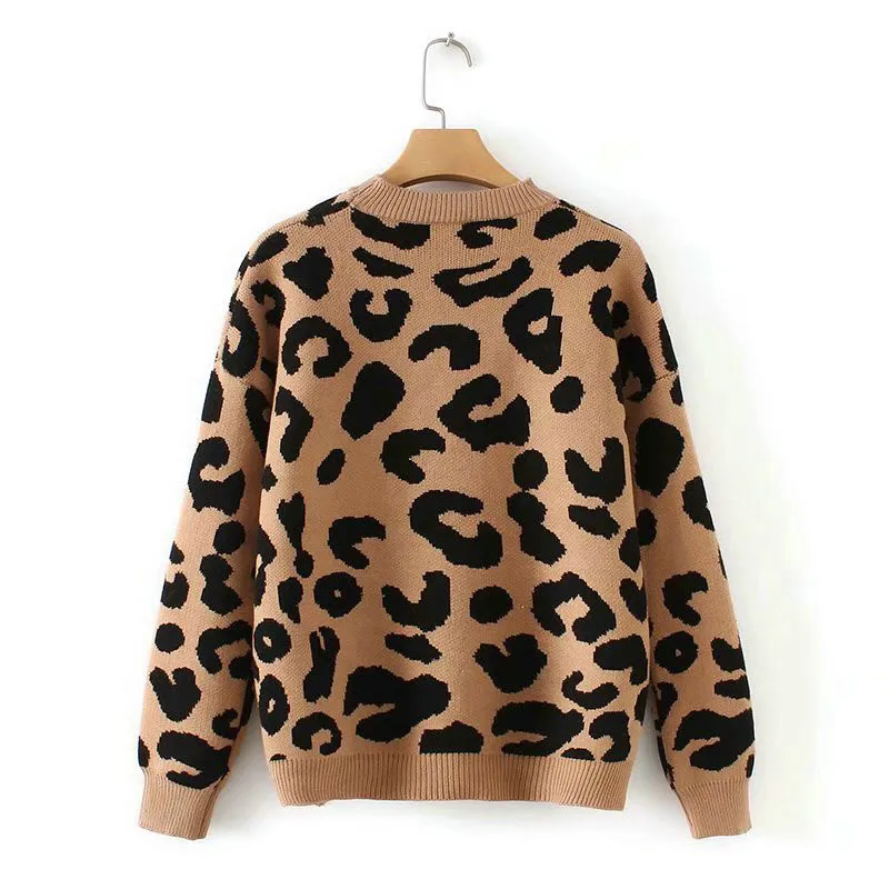 Осенне-зимний женский леопардовый вязаный свитер Повседневный круглый вырез с длинным рукавом толстые пуловеры женские свободные Джемперы Топы