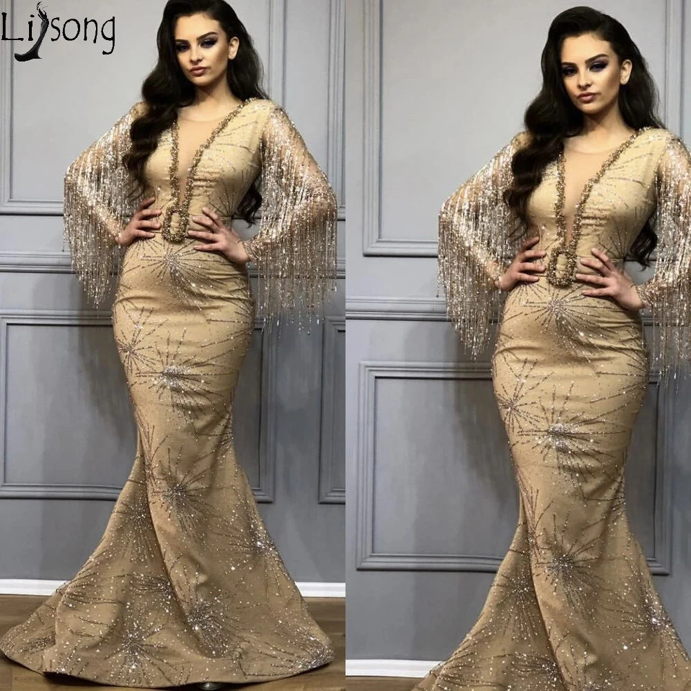 

Saudi Arabia Tassel Evening Dress 2020 Mermaid Beads Sparkle Gold Prom Gown Long Sleeve Arabic Women Formal Dress robe de soiree