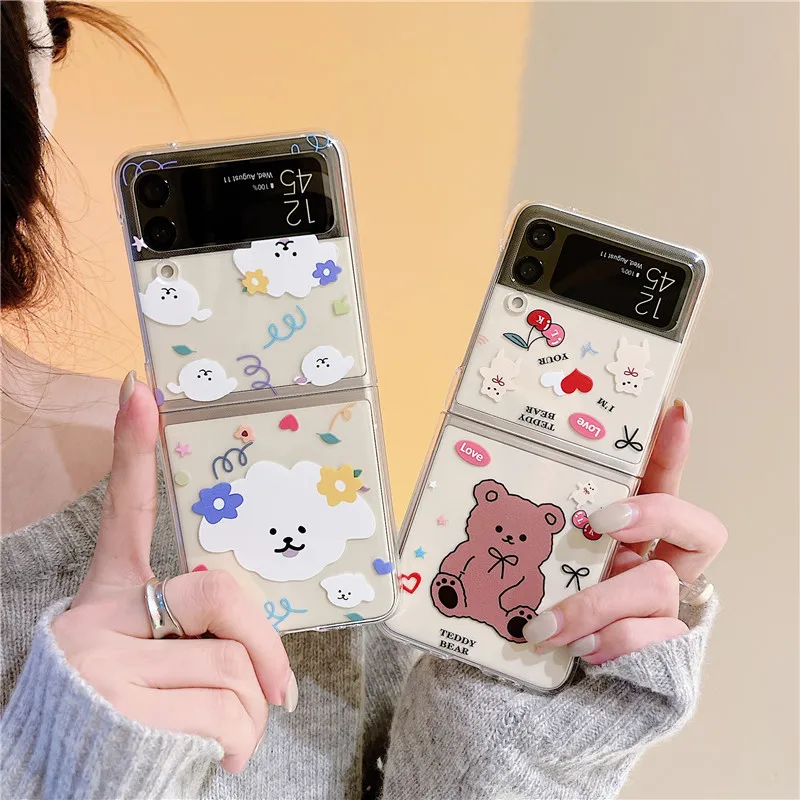 Cute Korean Japan Cartoon Kawaii Bear Phone Case For Samsung Galaxy Z Flip 3 Zflip3 Lovely Clear Transparent Cover Kickstand Mobile Phone Cases Covers Aliexpress