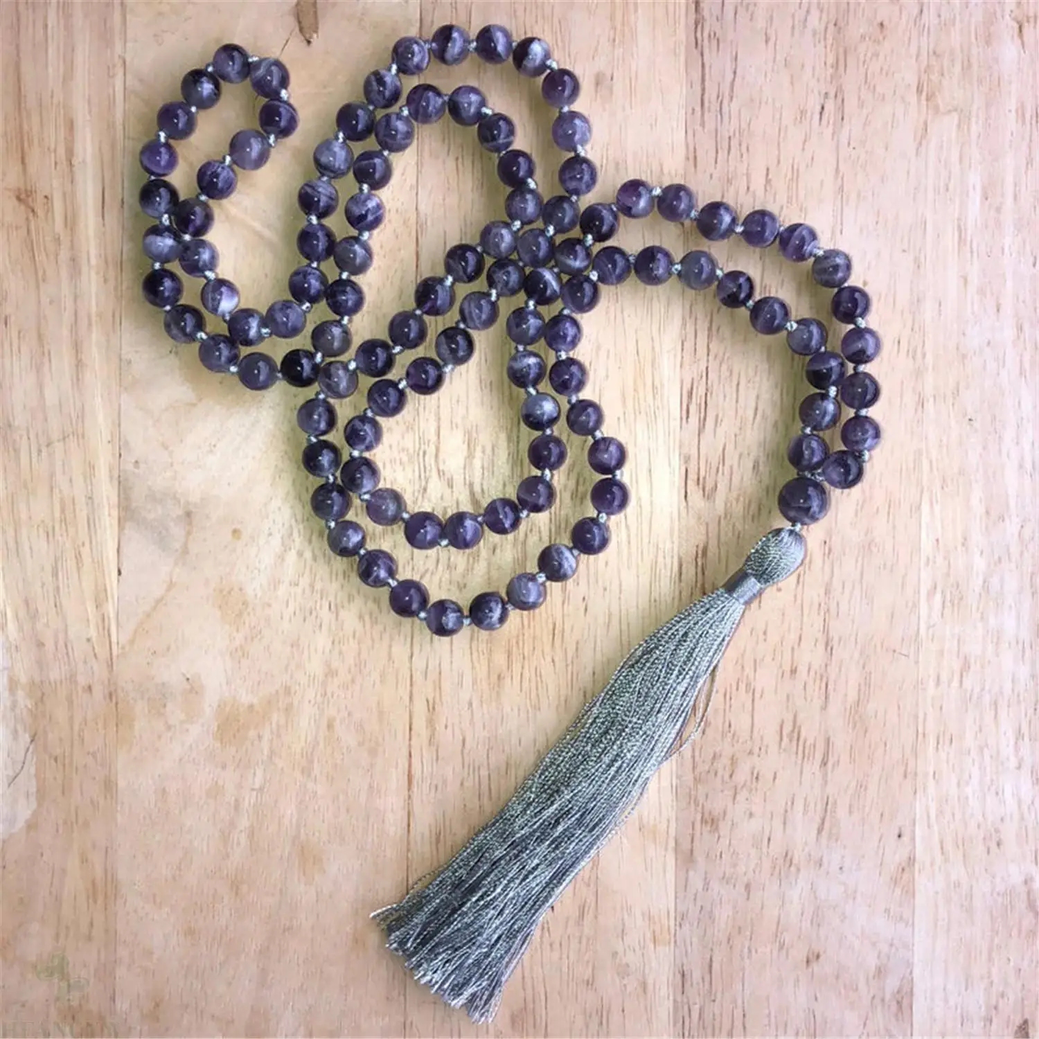 

8mm Amethyst Gemstone 108 Beads Mala Tassel Necklace Tibetan Religious Japa Wristband Retro Yoga
