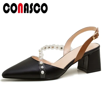 

CONASCO Women Sandals Pumps Genuine Leather Summer New Fashion Elegant Wedding Casual Pearl Mixed Colors Thick Heels Shoes Woman