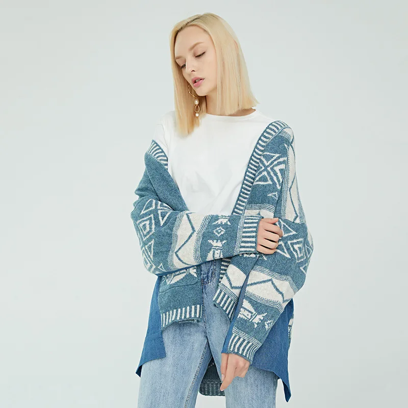 Christmas Print Long Cardigan Korean Irregular Jeans Patchwork Sweater Women Tops Sweaters Autumn Winter Cute Qq008 |