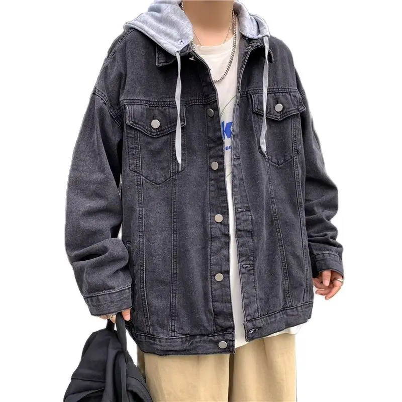 

Куртка мужская джинсовая с капюшоном, однотонная уличная одежда, тренд свободного покроя, дыхательная Спортивная, однотонная, Осень-зима