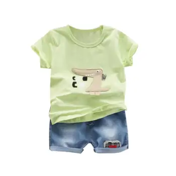 

Baby Clothes Summer Baby Boys Short Sleeve Cartoon Dinosaur Print Tops Blouse T-shirt+Denim Shorts Casual Outfits Sets