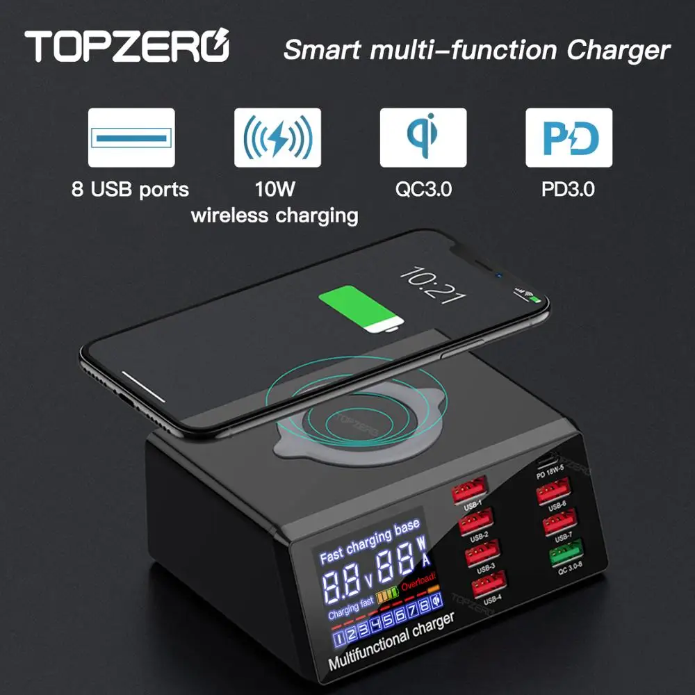 US $28.50 100W 7 Ports USB Fast Charger QC30 40 18W PD USB Type C Quick Charge Smart LED Display Wireless Charger For IPhone Xiaomi